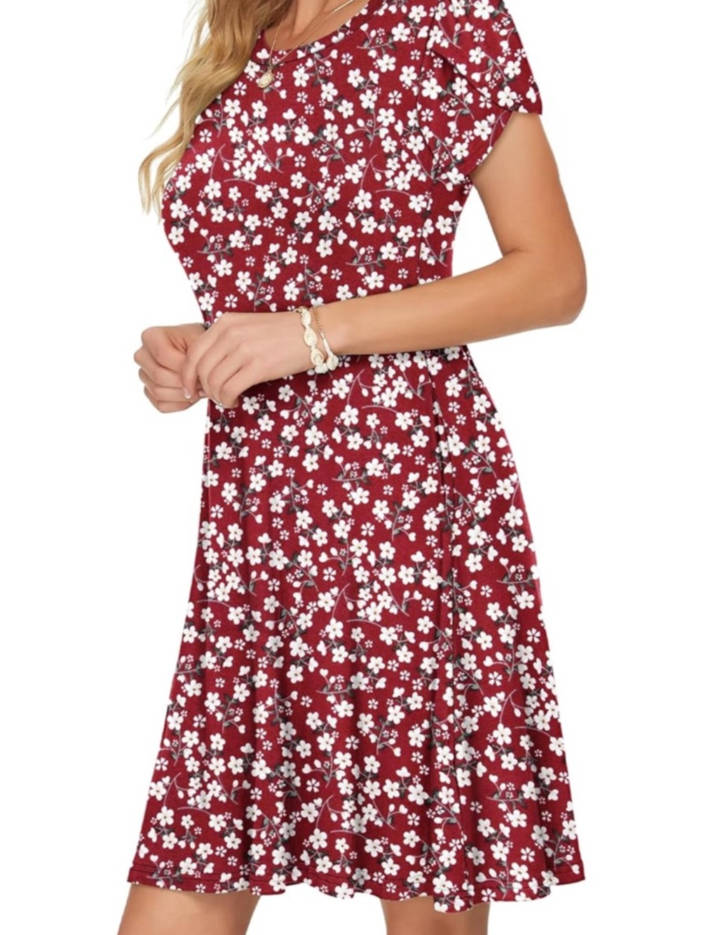 Floral Short Sleeve A-Line Dress in Burgundy